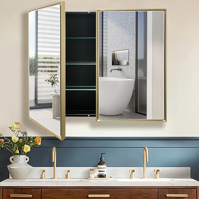Medicine Cabinet with Aluminum Framed Mirror,36"x32" Surface Mount or Recessed Mount Bathroom Vanity Mirror,Single Door Bathroom Mirror with Storage Cabinet