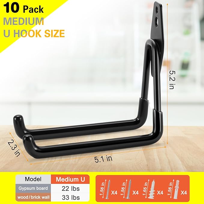 10 Pack Garage Hooks Heavy Duty Storage Organizer Wall Mount Power and Garden Tool Hangers, for Hanging Ladders, Ropes, Hose, Bulk Items