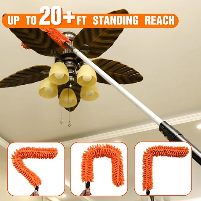 26FT High Reach Duster Cleaning Kit with Extension Pole, High Ceiling Fan Cleaner Duster Tool for Fan Blades, Window Washing Kit with Microfiber Feather Duster & Window Squeegee
