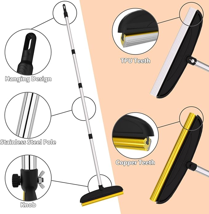 2 in 1 TPU and Copper Rake Teeth Carpet Rake for Pet Hair Removal,60inch Adjustable Long Handle Pet Hair Remover Tool,Reusable Cat Dog Hair Rake Broom,Lint Remover Scraper for Carpet,Bed(Black-Silver)