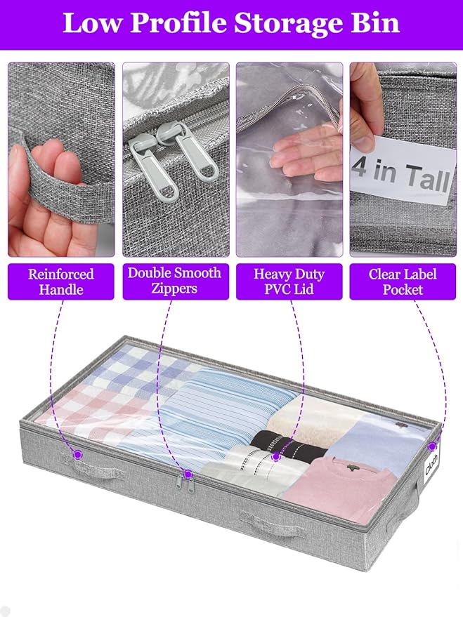 Under Bed Storage, Below 4 Inches High Underbed Storage Containers Low Profile, NO STRUCTURE, Foldable Shallow Storage Bags Bins Organizer Clothes with Clear Lid & Zipper, 2-Pack, 20x40x3.7in