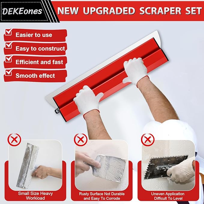 DEKEones Drywall Skimming Blade Set, Stainless Steel 10",16" & 24" Skimming Blades with 28"-62" Extension Handle Pole, Professional Drywall Skimming Tools for Smoothing Wall and Ceiling