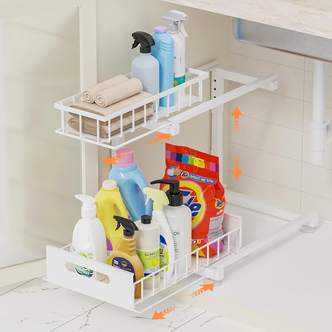 Under Sink Organizer Storage 2-Tier Heavy Duty Metal Pull Out Cabinet Organizer Slide Out Sink Shelf Organizer Height Adjustable, Multi-Purpose Storage Shelf for Kitchen Bathroom (White, 1 Pack)