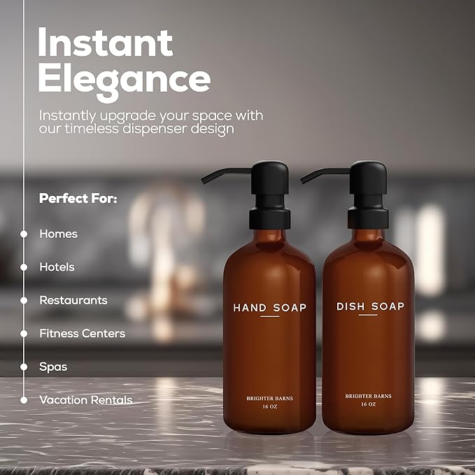 Amber Glass Hand and Dish Soap Dispenser Set by Brighter Barns - Modern Kitchen Decor & Accessories for Airbnb, RV, Office, Housewarming Gifts (Amber)
