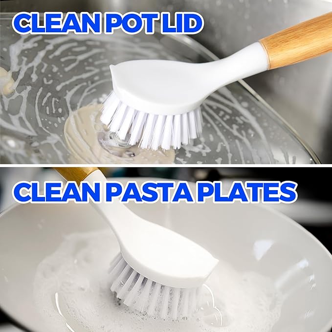 Holikme 3 Pack Dish Brush Set with Bamboo Handle, Kitchen Cleaner for Cleaning Pasta Plate, Salad Bowl, Scrubber with Soft Bristles, Blanco