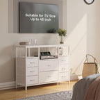 8-Drawer Fabric Dresser TV Stand for 40" TV - Sturdy Steel Frame & Wood Top Chest of Drawers, Lightweight Storage Organizer for Bedroom, Closet, Entryway (43.31" Wide, White)
