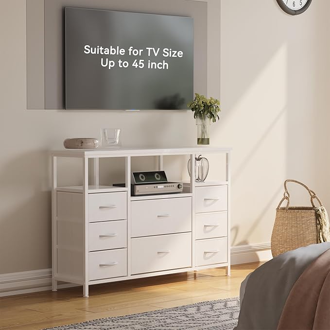 8-Drawer Fabric Dresser TV Stand for 40" TV - Sturdy Steel Frame & Wood Top Chest of Drawers, Lightweight Storage Organizer for Bedroom, Closet, Entryway (43.31" Wide, White)