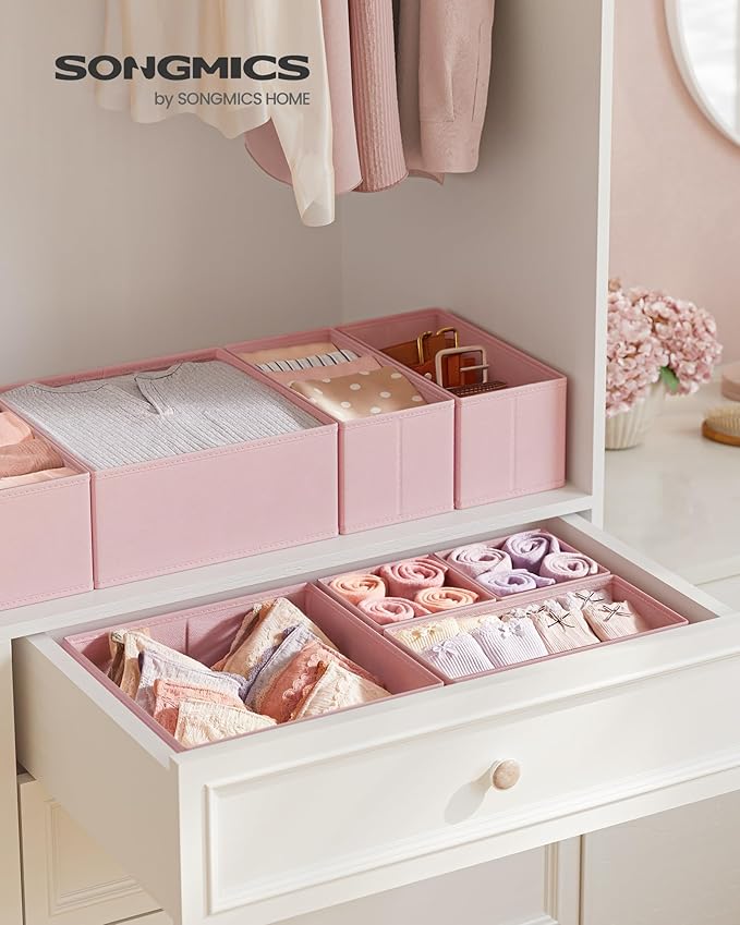 SONGMICS Drawer Organizers, Dresser Divider Organizers, Set of 12, Foldable Fabric Storage Boxes for Socks, Underwear, Bras, Ties, Scarves, Jelly Pink URDZ006R01