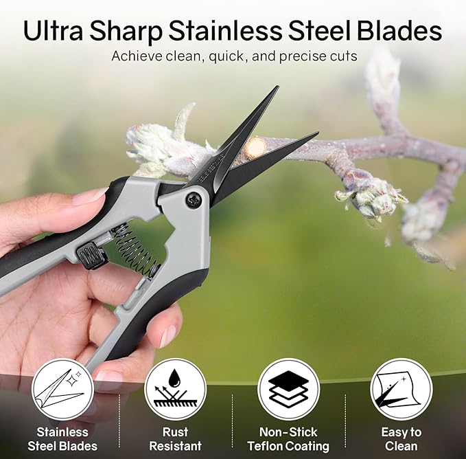 6.5" Ultra Sharp Pruning Shears - Professional Garden Scissors with Straight Stainless Steel Blades, Ergonomic Handle, Rust Resistant, Safety Lock, Trimming Scissors for Plants in Grow Tents, 2-Pack