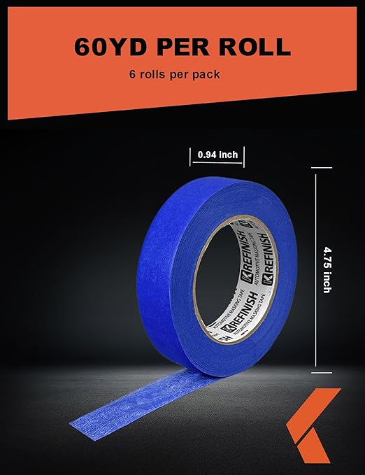 Blue Painter's Tape for Car Paint No Residue Auto Masking Tape for Automotive Painting - Heat Resistant for Paint Booth, 0.94 Inches x 60 Yards, 6 Rolls