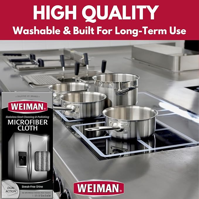 Weiman Microfiber Cloth for Stainless Steel, Safely Traps and Removes Dirt, Oil and Grime to Protect from Scratches 13.8" x 13.8" (Pack of 2)