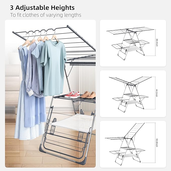 Clothes Drying Rack, Foldable 2-Level Laundry Racks for Drying Clothes Rack,Stainless Steel Drying Rack Clothing Collapsible for Indoor Outdoor,with Height-Adjustable Wings,33 Drying Rails,Gray