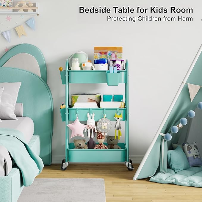 Green 3 Tier Rolling Cart Metal with Lockable Wheels, Three Tiered Craft Cart Organizer on Wheels, Utility Storage Carts for Art, Baby Supplies, Diaper Caddy, Snack, Pantry, Nail, Lash, Cleaning