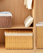 Storage Basket with Lid Wicker Baskets for Storage with 2 Separate Lid 42.3 Gallon (160 L) 29.9 x 17.3 x 18.1 Inches Rattan Woven Large Wicker Basket with 2 Liners for Bedroom Laundry Natural