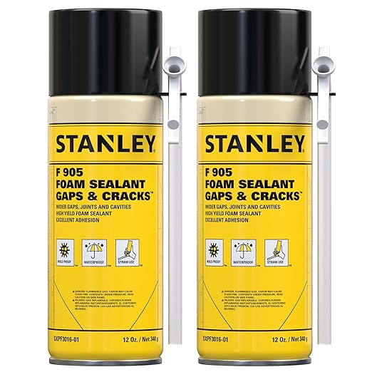 Stanley F905 Gaps & Cracks Sealant (2x12 Oz.) – Polyurethane Spray Foam Insulation for Window & Door, Waterproof Gap Filler, Low Expansion Foam for Indoor & Outdoor Use | Straw Use | 12 Oz. 2 Pack