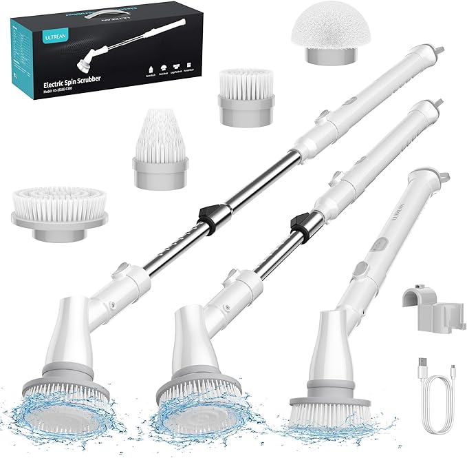 Ultrean Spin Brush, Cordless Electric Spin Scrubber with 4 Replaceable Brush Heads Adjustable Extension Handle, 2 Speed Shower Scrubber for Cleaning Bathroom, Tile, Floor, Tub
