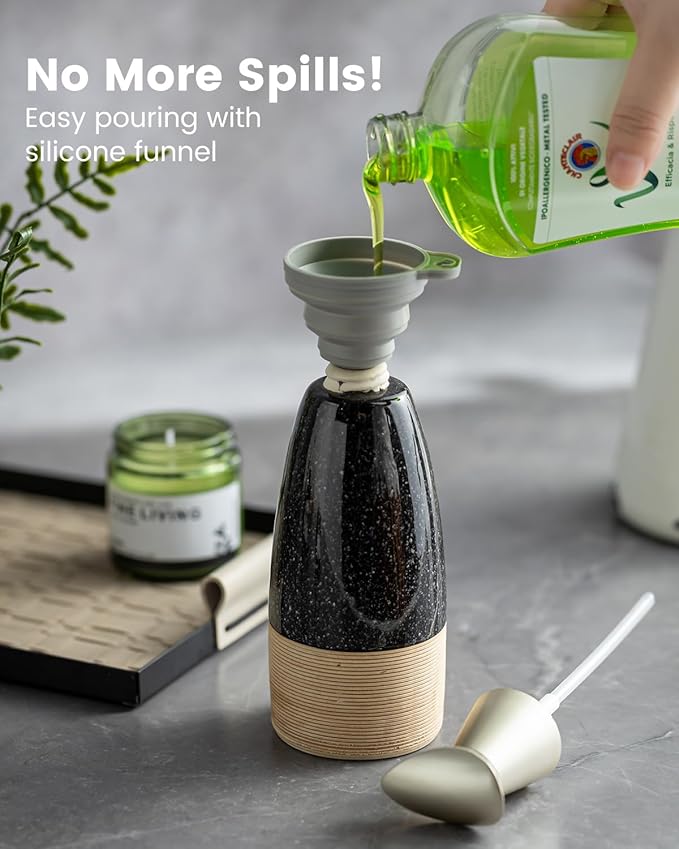 Ceramic Dish Soap Dispenser with Plastic Pump & Stainless Steel Pump for Hand Soap, Shampoo, Lotion, Conditioner, 12 oz Refillable Soap Bottle with Silicone Funnel for Bathroom & Kitchen, Black