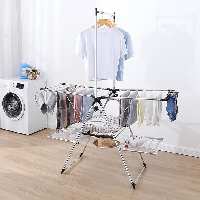 APEXCHASER Clothes Drying Rack, Foldable 2-Level Drying Racks with High Hanger, Metal Laundry Stand with Height-Adjustable Gullwings