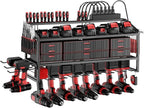 Power Tool Organizer Wall Mount with Charging Station, 3 Layer Storage Rack and Tool Holder for Garage Organization, 8 Drill Holder Wall Mount and 6 Outlet Power Strip