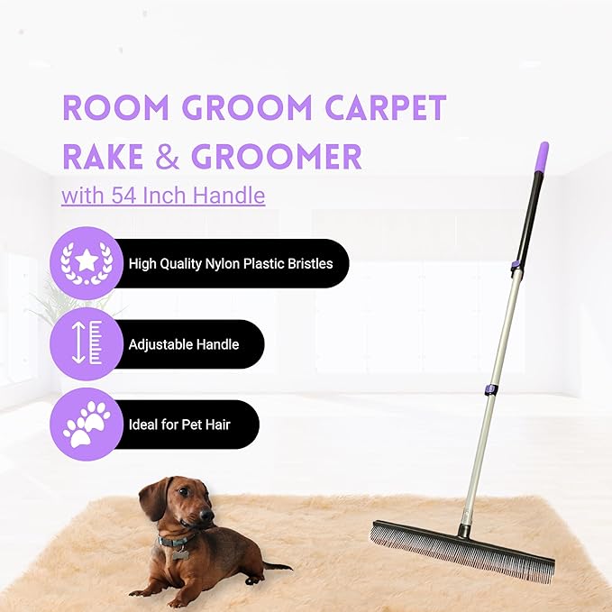 Room Groom PET Carpet Rake Groomer with Telescoping 54 " Adjustable Handle, with Lint Remover Brush Tool, Carpet Brush for Pet Hair and Refreshing Carpets, (Black/Purple)