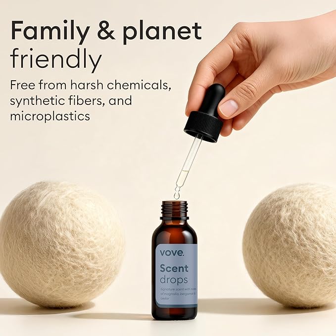 Vove Natural Hemp Dryer Balls Kit with Scent Drops - 4 Pack & Essential Oil Blend - 5X More Absorbent Than Wool - Natural Softener, Reduces Wrinkles and Static, Customizable Fresh Scent, Reusable