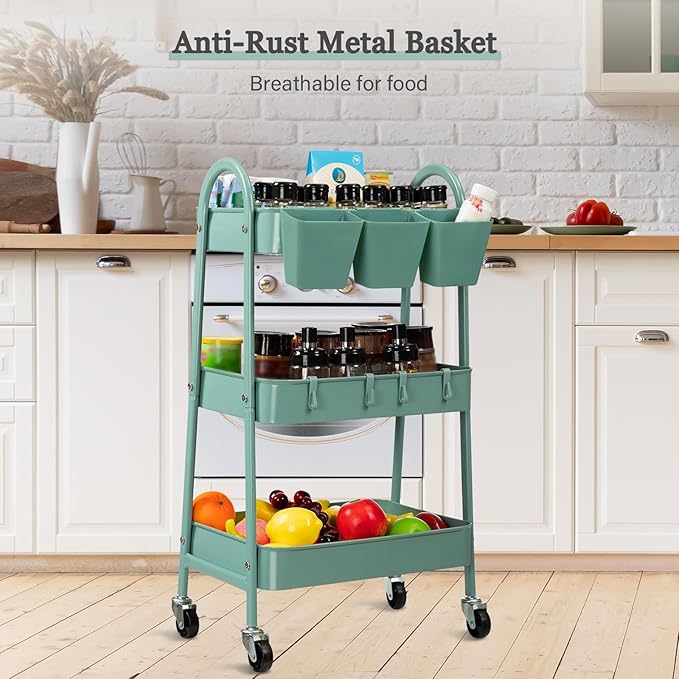 danpinera 3-Tier Rolling Cart, Metal Rolling Storage Cart with Lockable Wheels & Hanging Cups & Hooks, Mobile Trolley for Kitchen, Bathroom, Office, Workshop, Green