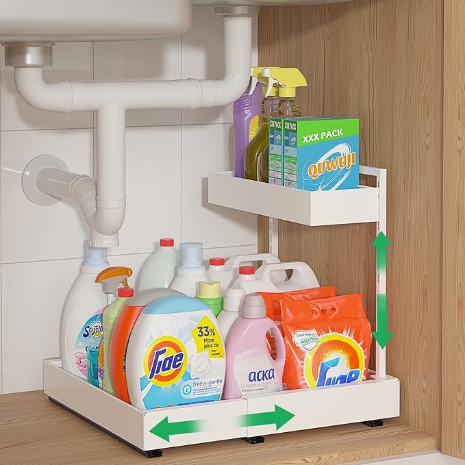 REALINN Expandable Under Sink Organizers and Storage, 2 Tier Under Cabinet Organizer, Heights Adjustable Pull Out Rack for Kitchen Bathroom Laundry, White, 1 Pack