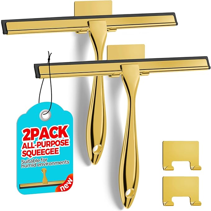 2PACK 10-Inch Golden All-Purpose Shower Squeegee for Shower Doors, Bath Linen Sets, Tile Shower Walls, Bathroom, Window, Glass and Car Windshield, Mirrors and Kitchen-Stainless Steel