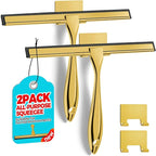 2PACK 10-Inch Golden All-Purpose Shower Squeegee for Shower Doors, Bath Linen Sets, Tile Shower Walls, Bathroom, Window, Glass and Car Windshield, Mirrors and Kitchen-Stainless Steel