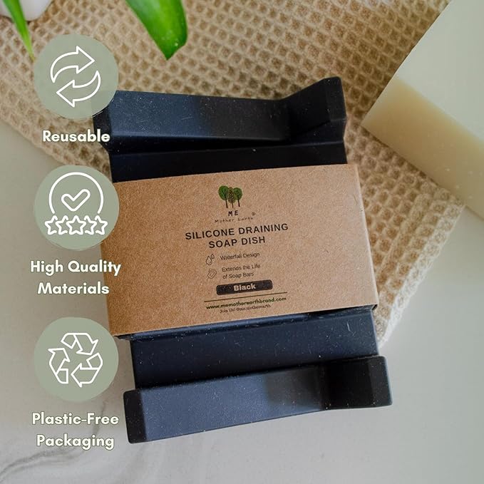 Silicone Soap Dish – 2 Pack, Waterfall Drainer Soap Holder for Bathroom, Suction Cups for Non-Slip Saver for Bar Soap, Sponge Holder & Sink Organizer, Extend Life, Durable & Easy to Clean (Black)