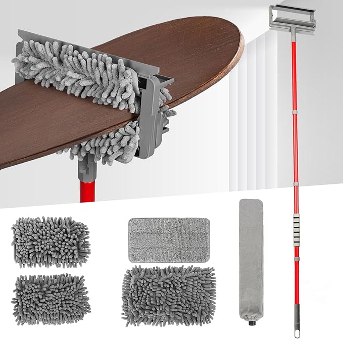 Ceiling Fan Cleaner Duster , 62.5‘’ Extendable Long Handle Ceiling Fan Blade Cleaning Tool, Reusable Chenille & Microfiber Mop Head for Dusting Ceiling Fan Baseboard Wall Floor,car wash mop