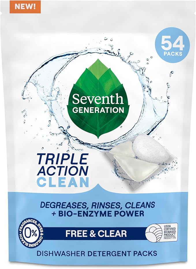 Seventh Generation Triple Action Clean Automatic Dishwasher Detergent Packs with Bio-Enzyme Power, Free & Clear, Fights 48-hour Stuck-on Food, 54 count
