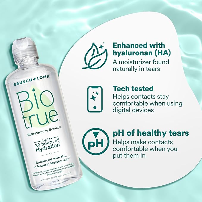 Biotrue Contact Solution, Multi-Purpose Solution with Lens Case, Cleans, Conditions, Hydrates, Disinfects, Removes Protein, Dirt & Debris, Contact Lens Cleaner & Storage, 10 Fl Oz (Pack of 2)