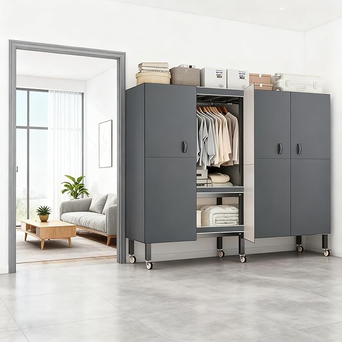 Foldable Portable Armoire Wardrobe Closet for Hanging Clothes Rack, Heavy Duty Covered Clothes Rack with Cover(HARDBOARD Magnetic), Closet Garment Rack for Bedroom Storage (KT-Grey, 70.86in)