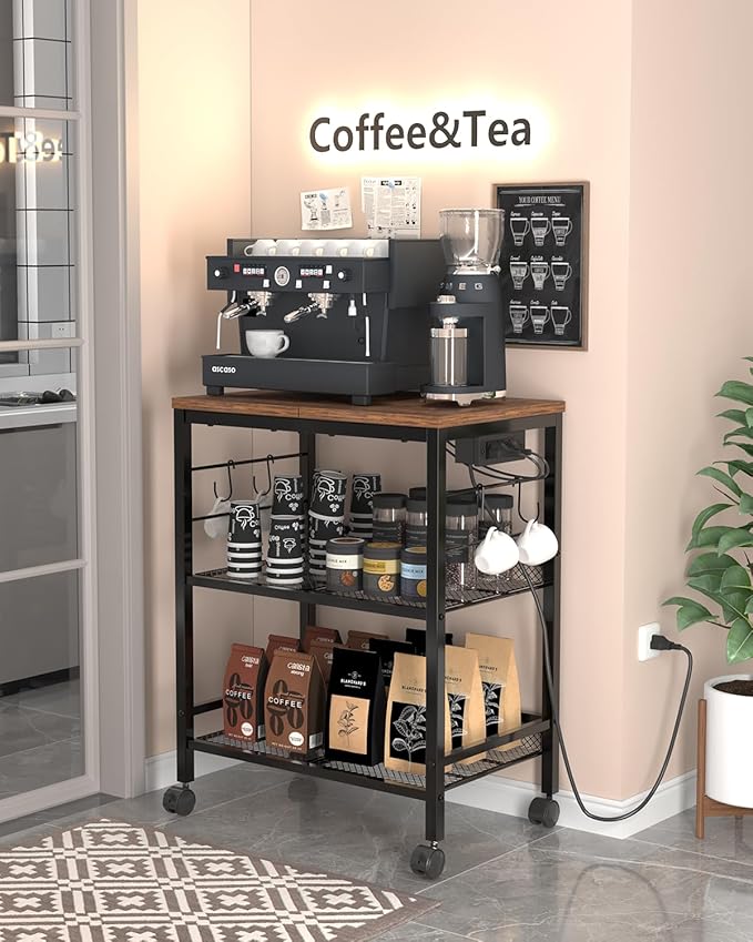 Kitchen Rolling Cart with Power Strip, 3 Tier Microwave Stand on Lockable Wheels, Small Utility Cart with Storage, Coffee bar&Tea Table, Organizer Shelves for Kitchen, Office, Living Room