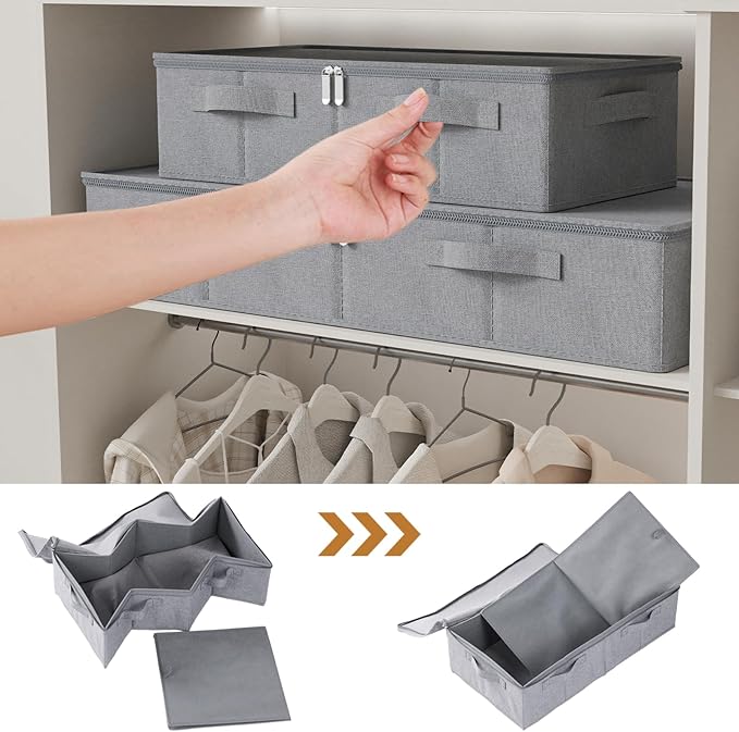 Underbed Storage Box, Foldable Under Bed Bins Container, Fabric Closet Organizer with Lid, for Clothes, Sheets, Blankets, 23.6x11.8x5.9in, Grey, 3 Pack