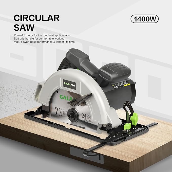 GALAX PRO 11 Amp Power Circular Saw, 6000RPM Corded Circular Saw with Adjustable Cutting Depth 2-1/2" (90°) to 1-7/8" (45°), 7-1/4 Inch Carpentry Saw Blade, Ideal for Wood, Plastic Cuts