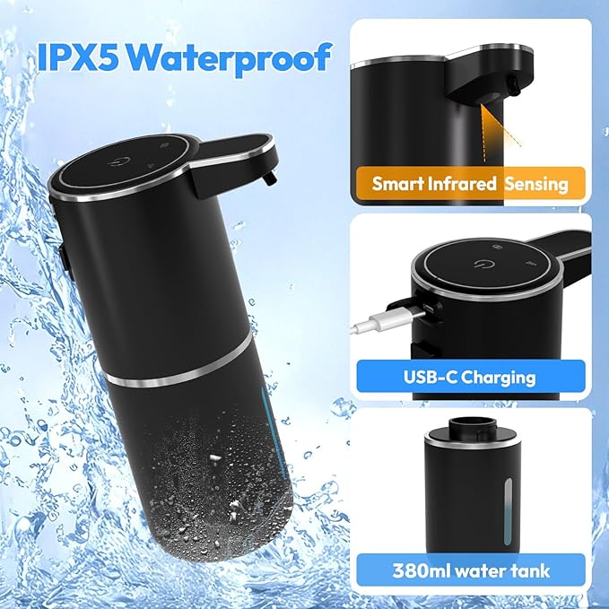 Automatic Foaming Soap Dispenser,Touchless Foam Soap Dispenser,12.8oz Rechargeabled Wall Mounted Smart for Bathroom and Kitchen Dish Soap,Easy for Toddlers(Black)