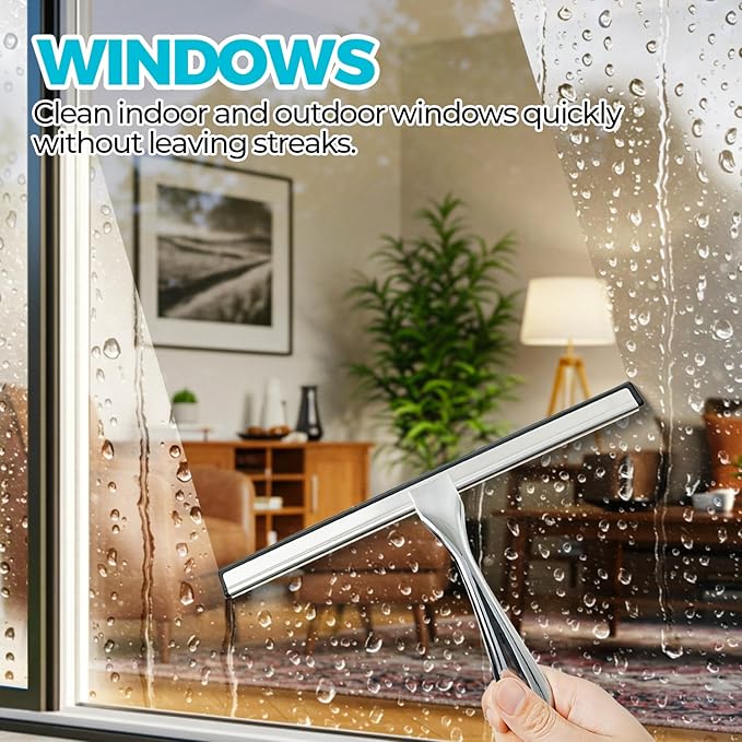 2PACK Shower Squeegee for Glass Doors, Squeegee for Shower Glass，All-Purpose Tile Walls, Bathroom, Window, Glass and Car Windshield, Mirrors and Kitchen-Stainless Steel, 10 Inches, Silver