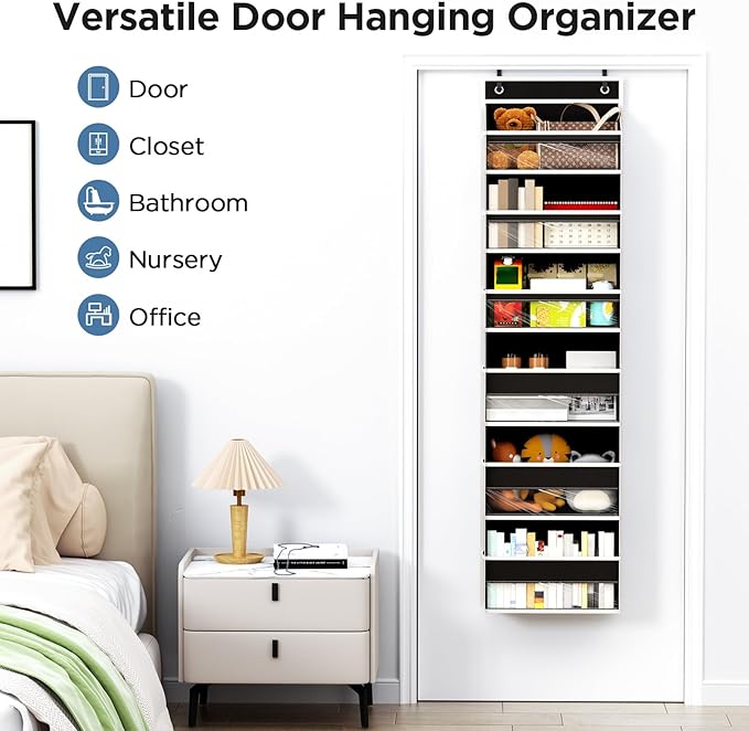 Over The Door Organizer, 6 Shelf Door Hanging Organizers with 6 Large Capacity Pockets, Behind Door Storage Hanging Shelves for Closet Wall Bathroom Bedroom Nursery