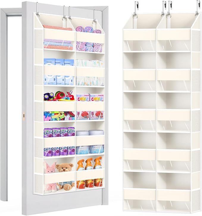 Heavy Duty Over The Door Organizer 5 Tiers, Extra Large Behind Door Storage of 10 Big Front & 10 Mesh Pockets, 80lb Weight Capacity, Doors Organizer Hanging for Closet Bathroom Bedroom Nursery, Beige