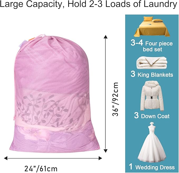 Polecasa Heavy Duty Diamond Large Mesh Laundry Bag with ID Tag and Locking Drawstring Closure - 24 x 36 inches - Laundry Hamper Liner, Washable Laundry Bags for Travel, Sports, Dorms (Pink)