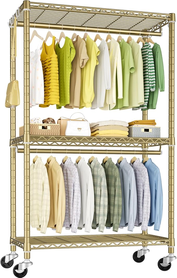 P3 Rolling Clothes Rack, Clothing Racks for Hanging Clothes, Heavy Duty Garment Rack with Wheels, Freestanding Portable Closet Organizer 39.4'' W x 14'' D x 78.5'' H, Max Load 464 LBS, Gold