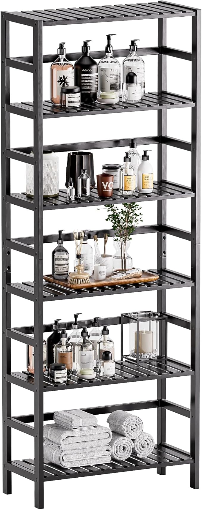 HITNET Bamboo Bookshelf, 6-Tier Tall Open Bookcase with Adjustable Shelves, Floor Standing Storage Shelf Unit for Living Room Bathroom Home Office, Black