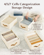 Clothes Organizers and Storage - 4/5/7 Grids Fabric Jeans Organizer with Handles, Foldable Closet Organizers Dividers, Wardrobe organizer for Pant, Sweater, T-shirt, Scarf, 6 Pack, Beige