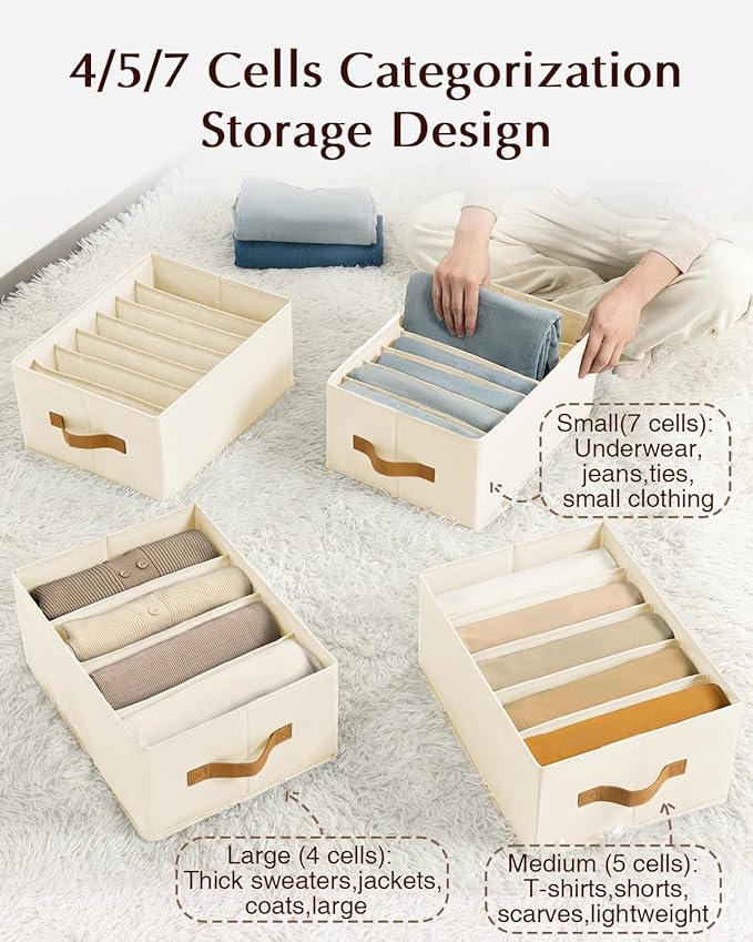 Clothes Organizers and Storage - 4/5/7 Grids Fabric Jeans Organizer with Handles, Foldable Closet Organizers Dividers, Wardrobe organizer for Pant, Sweater, T-shirt, Scarf, 6 Pack, Beige