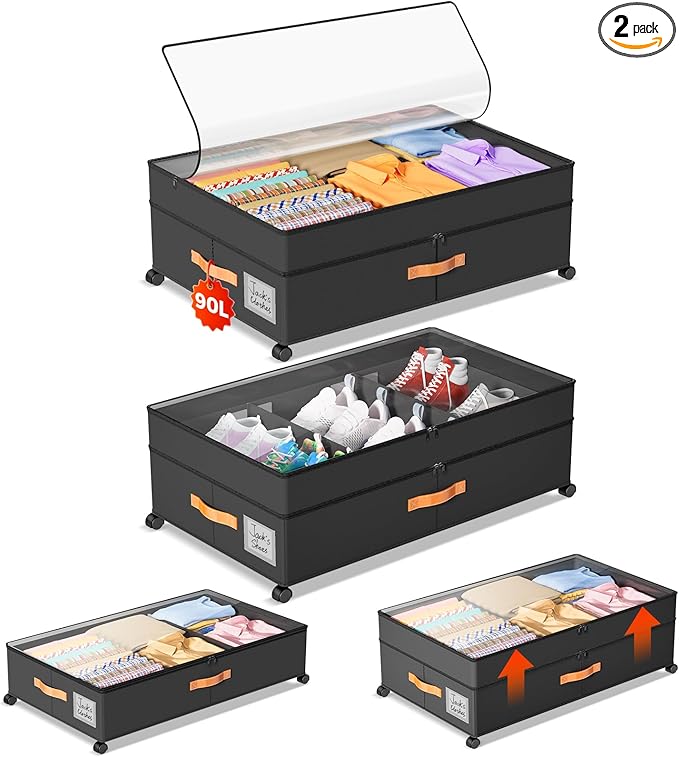 Under Bed Storage with Wheels, Large Capacity UnderBed Containers with Clear Lids, Shoe Organizer Under Bed Drawers, Rolling Under the Bed Storage for Clothes, Shoes, Blankets