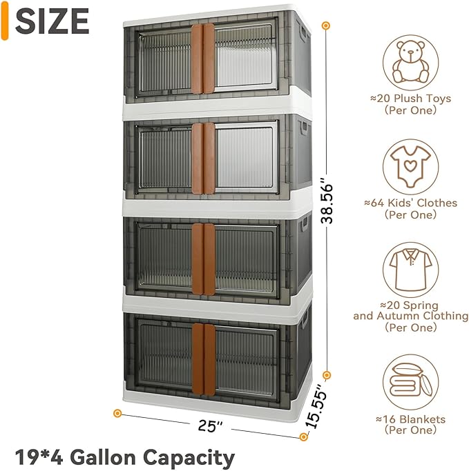 Storage Bins, Extra Large Cabinet with Lids, 19 Gallon(72L) Capacity (Per One), 4 Packs, Useful Box with Door and Buckles, Foldable, Transparent, Excellent Home Organizers