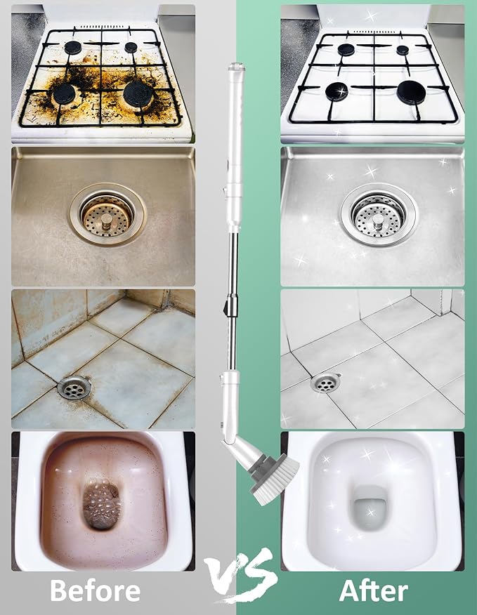 Sweepulire Electric Spin Scrubber SW1, Shower Scrubber with Long Handle, 2 Spin Speeds, Electric Bathroom Scrubber with 8 Replacement Heads, Bath Tub Cleaner Brush for Floor, Tub, Shower, Tile