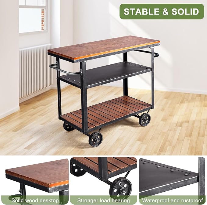 Diwhy Industrial 3 Tier Rolling Utility Storage Cart Wine Beverage, Metal Wine Rack with Wheels Kitchen Bar Dining Room Tea Wine, Storage Cart with Wood